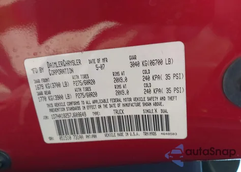 2007 Dodge Ram 1500 Slt из США, поврежденный, VIN 1D7HA18257J608649